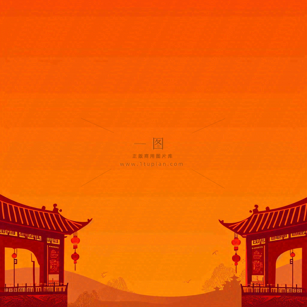 红色渐变国风建筑剪影，中国风简约