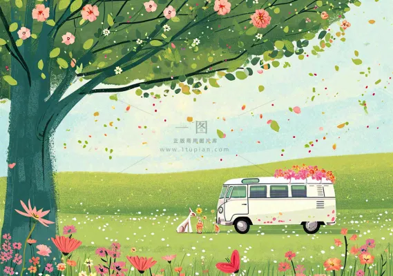清新可爱春日郊游旅行房车粉绿蜡笔插画手绘草坪,惊蛰春分 清新可爱春日郊游旅行房车粉绿蜡笔插画手绘草坪,惊蛰春分