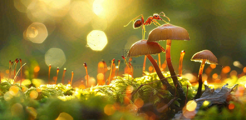 阳光下的蚂蚁蘑菇菌类阳光春天惊蛰春分摄影图