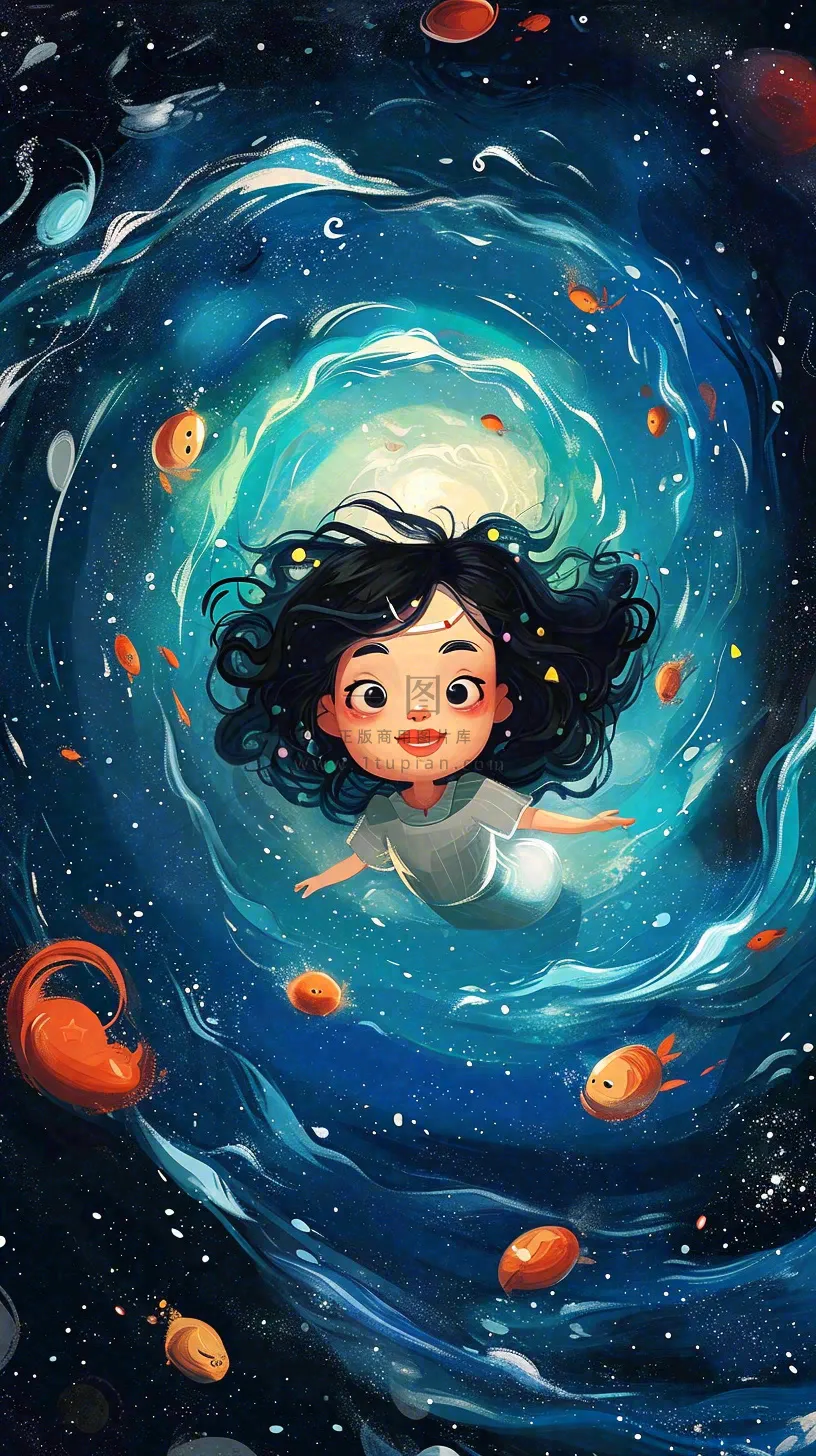 炫酷浪漫海洋海底水底可爱女孩手绘插画,鱼类水母生物