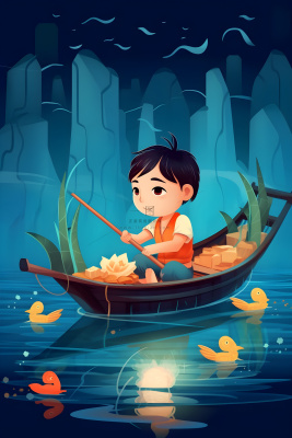 水上划船龙舟水草卡通插画背景