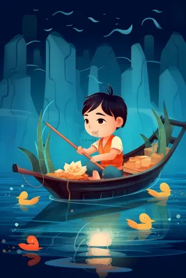 水上划船龙舟水草卡通插画背景