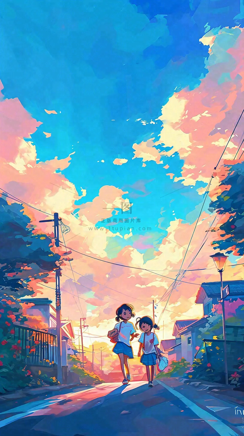 清新蓝天白云儿童路边行走手绘插画,花丛草地植物