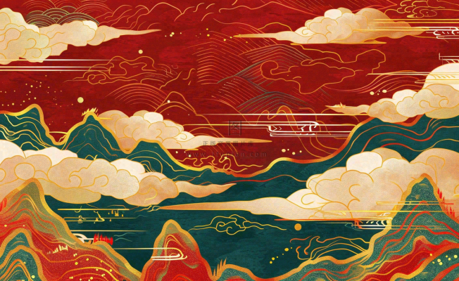 红色国潮风山川祥云喜庆元旦插画背景 红色国潮风山川祥云喜庆元旦插画背景