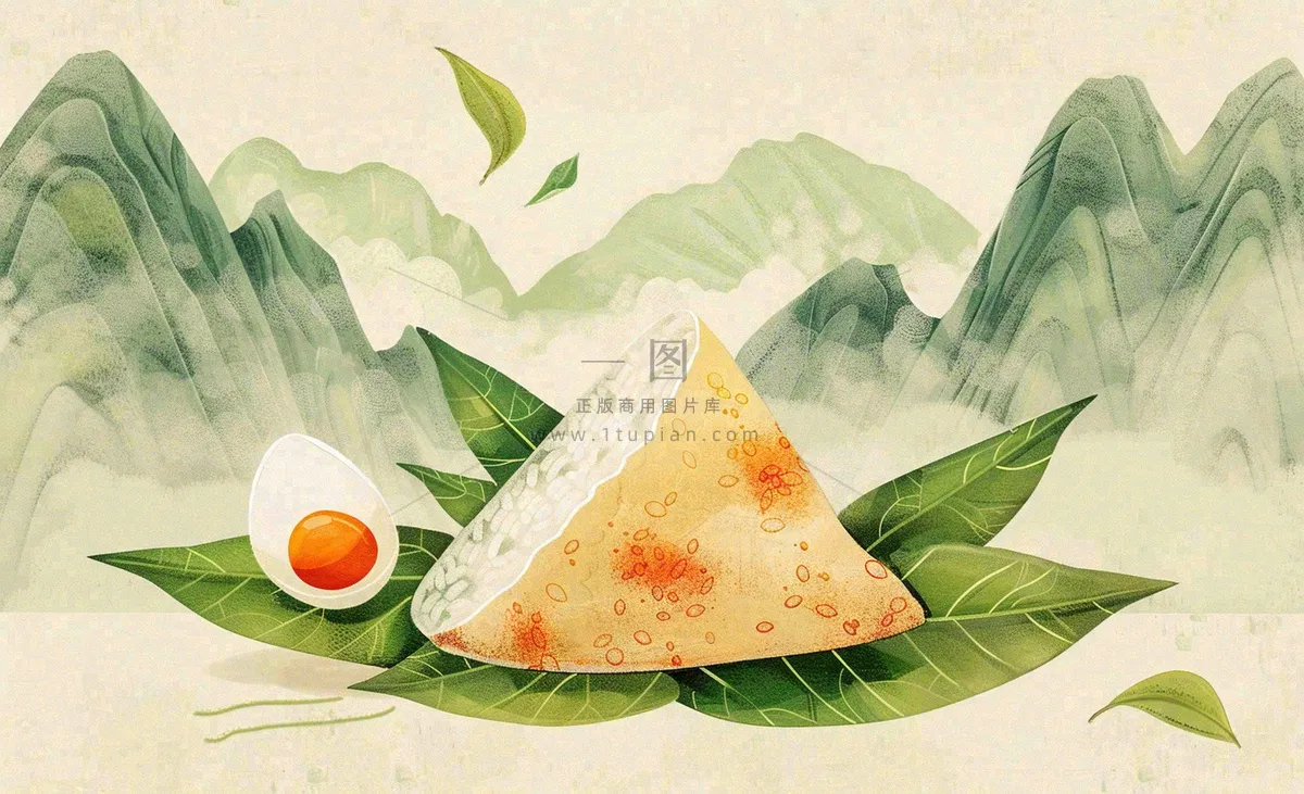 端午佳节粽子绿色青山国风插画水彩绘画背景