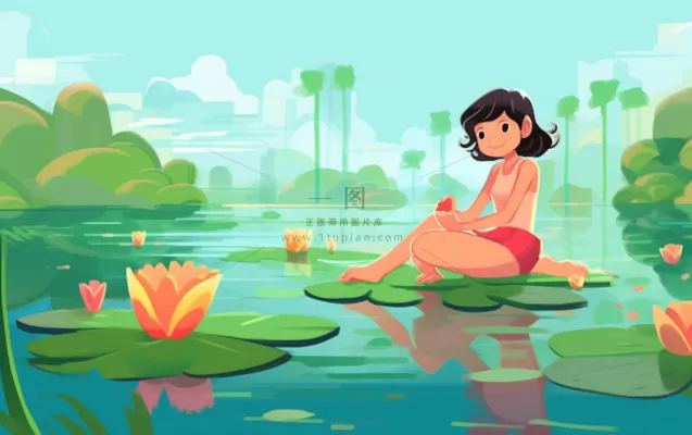 湖泊坐着睡莲上的人碧蓝插画背景 湖泊坐着睡莲上的人碧蓝插画背景