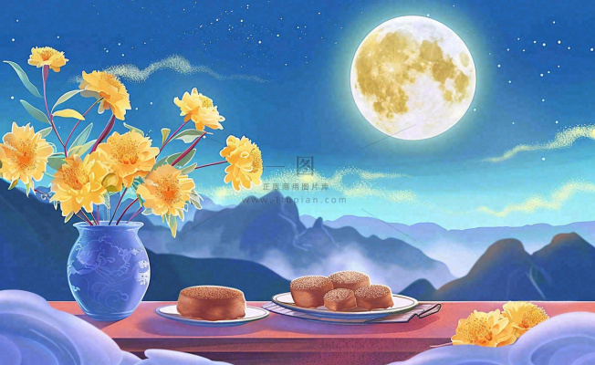 中秋夜晚赏月月饼饮茶黄花菊花桂花国风插画背景