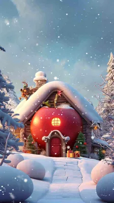 冬天苹果红色雪屋雪地雪花,圣诞节可爱卡通 冬天苹果红色雪屋雪地雪花,圣诞节可爱卡通