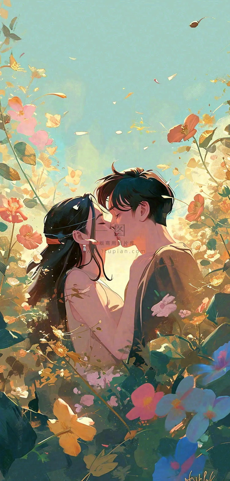 森林花丛里情侣拥抱亲吻爱情手绘插画,情人节