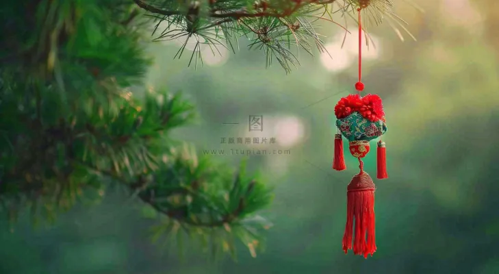 端午节树枝上挂着香囊艾叶香包祈福摄影图