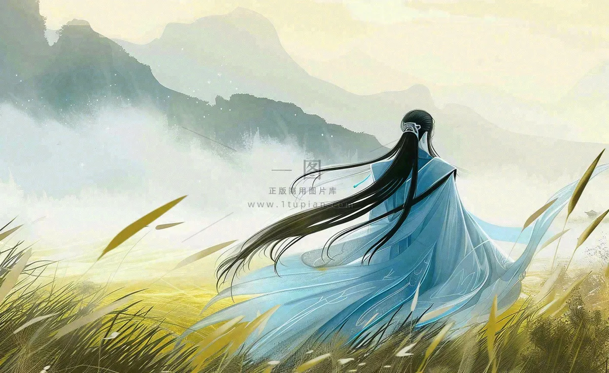 古风小清新手绘白露插画山下芦苇与古装男仙侠插画背景