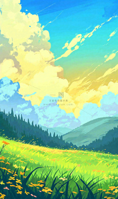 蓝天白云草地山脉插画手绘