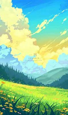 蓝天白云草地山脉插画手绘