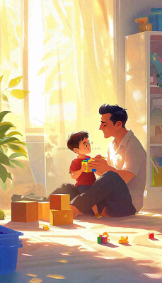 父亲节温馨父爱陪伴孩子玩耍手绘插画 父亲节温馨父爱陪伴孩子玩耍手绘插画