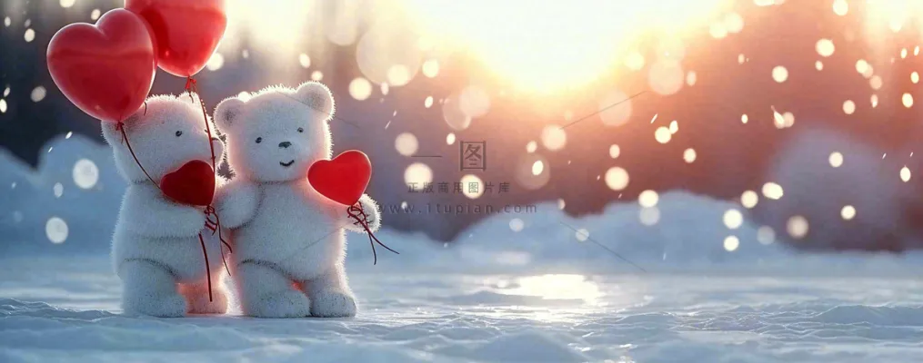冬天雪地落日下爱情小熊,浪漫雪花情人节520爱情气球摄影图 冬天雪地落日下爱情小熊,浪漫雪花情人节520爱情气球摄影图