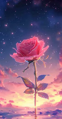 海平面上渐变落日前的一支粉色玫瑰花鲜花花朵，鲜艳爱情