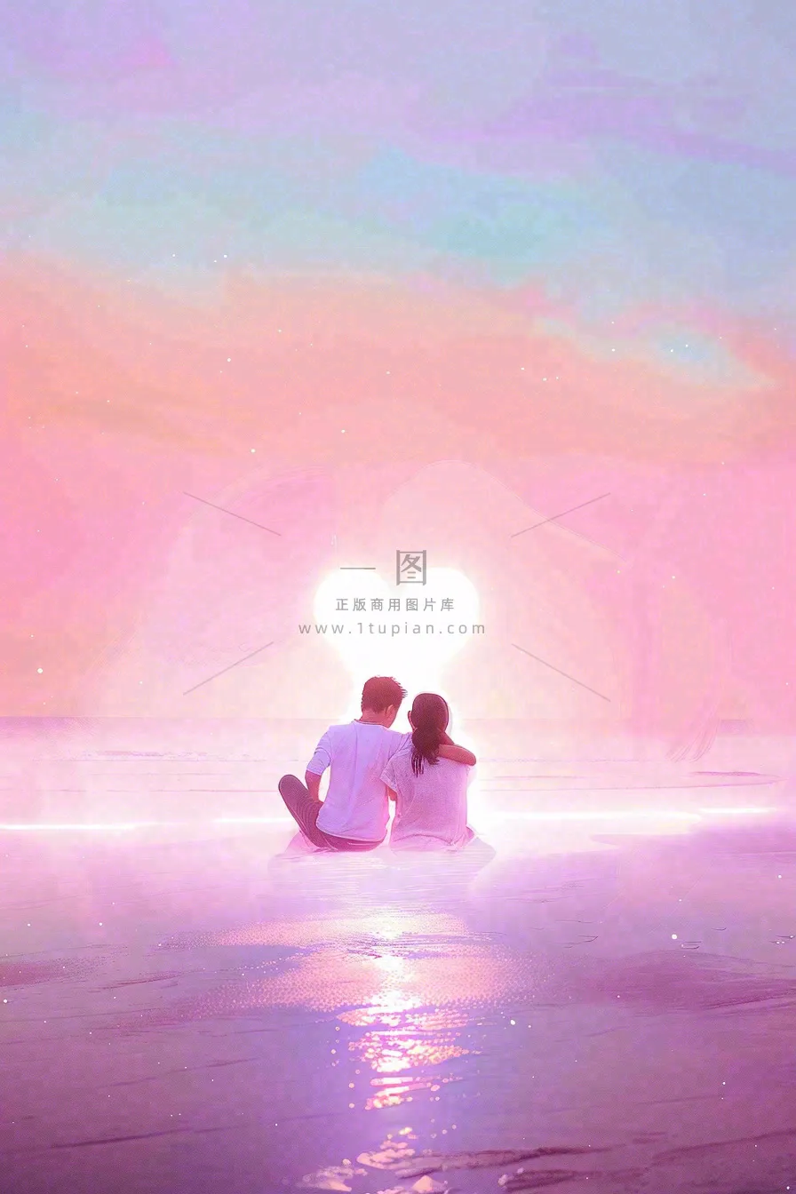 海边情侣相拥坐着粉色天空晚霞浪漫七夕情人节插画背景