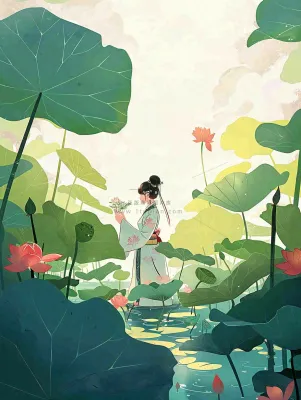 夏天插画风格古装少女在荷花池采莲花唯美夏日清凉小暑立夏夏至大暑插画背景