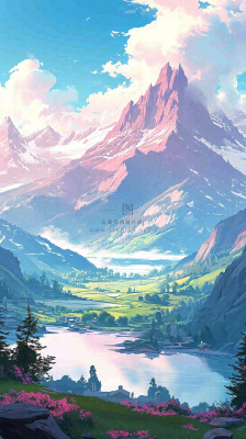 阳光春天细长流水山脉村庄小屋草坪，春分，旅行露营