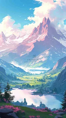 阳光春天细长流水山脉村庄小屋草坪，春分，旅行露营