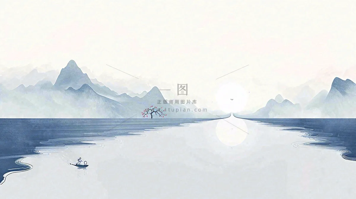 山水画简约白色河面插画手绘,中国风古风