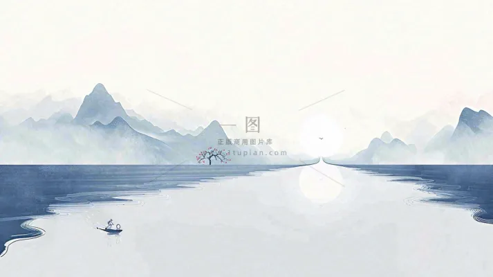 山水画简约白色河面插画手绘,中国风古风 山水画简约白色河面插画手绘,中国风古风