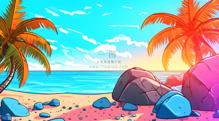 带有棕榈树和石头的热带海滩的 Instagram 图标图像，充满活力的漫画风格，天蓝色，彩色动画剧照，大型画布绘画，3840x2160，极简主义背景，生动的海景插画背景