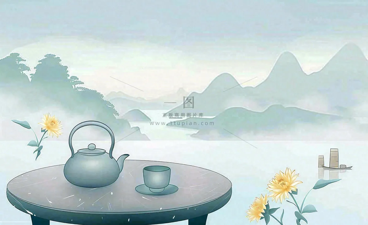 中国山水水墨画菊花饮茶重阳清明寒露插画背景