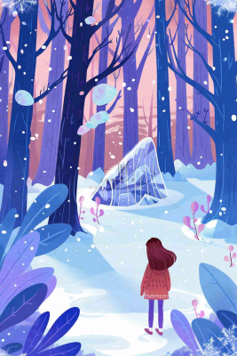 冬天女孩走进白雪下的森林紫色冬至大雪卡通插画背景