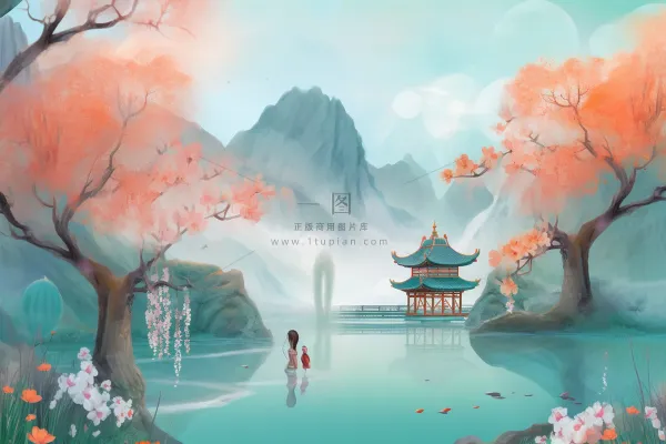 浪漫古风山水风景插画背景 浪漫古风山水风景插画背景