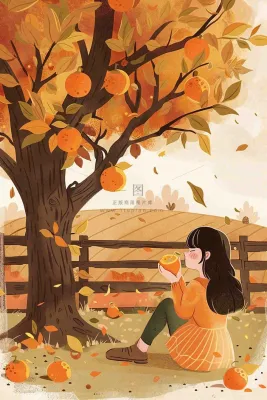 秋天橘子树下的女孩果实果树丰收立秋秋分卡通插画背景 秋天橘子树下的女孩果实果树丰收立秋秋分卡通插画背景