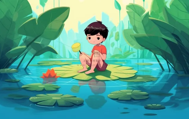 湖泊坐着睡莲上的人碧蓝插画背景 湖泊坐着睡莲上的人碧蓝插画背景