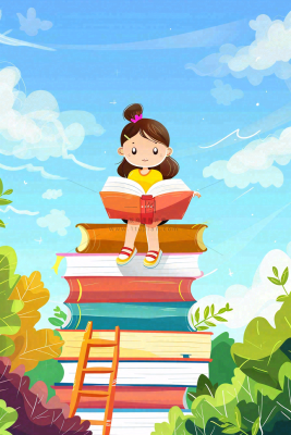 坐着书本课本堆砌上学习的学生孩子创意世界读书日卡通插画背景