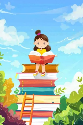 坐着书本课本堆砌上学习的学生孩子创意世界读书日卡通插画背景