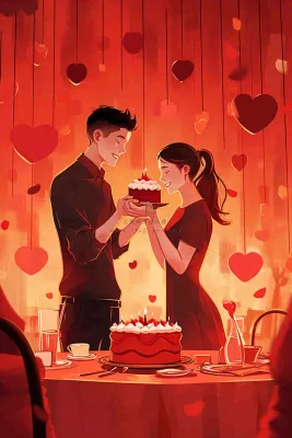情人节爱心浪漫情侣晚餐生日蛋糕插画手绘