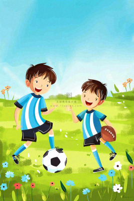儿童学生草坪上踢足球运动竞技儿童节卡通插画背景