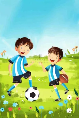 儿童学生草坪上踢足球运动竞技儿童节卡通插画背景
