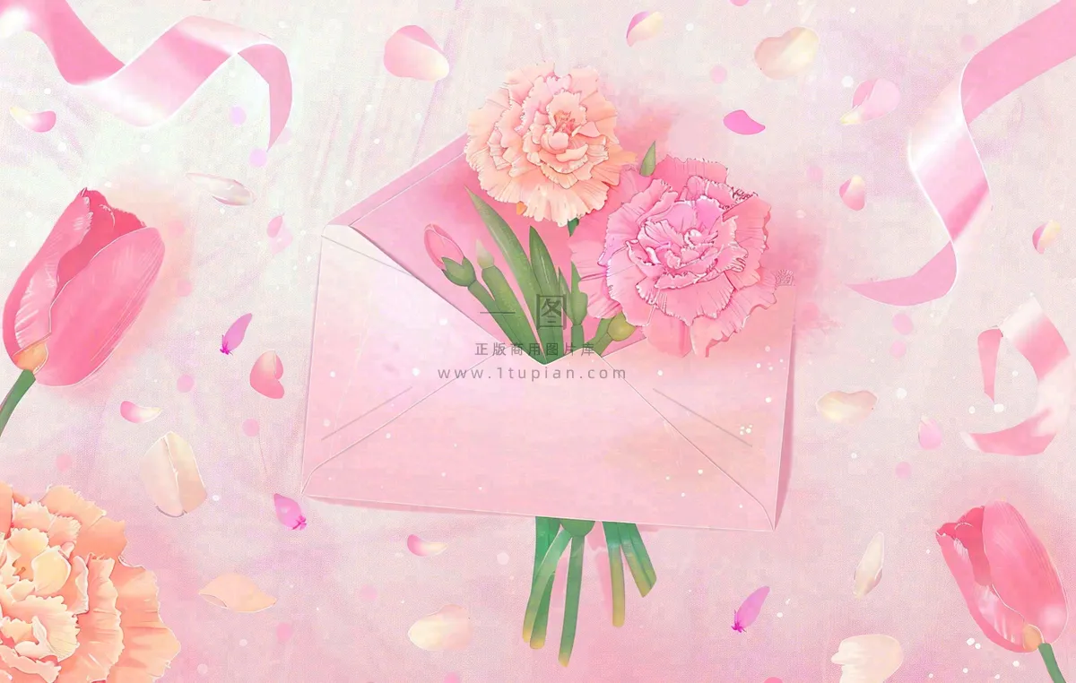 母亲节鲜花花束信封康乃馨粉色插画背景