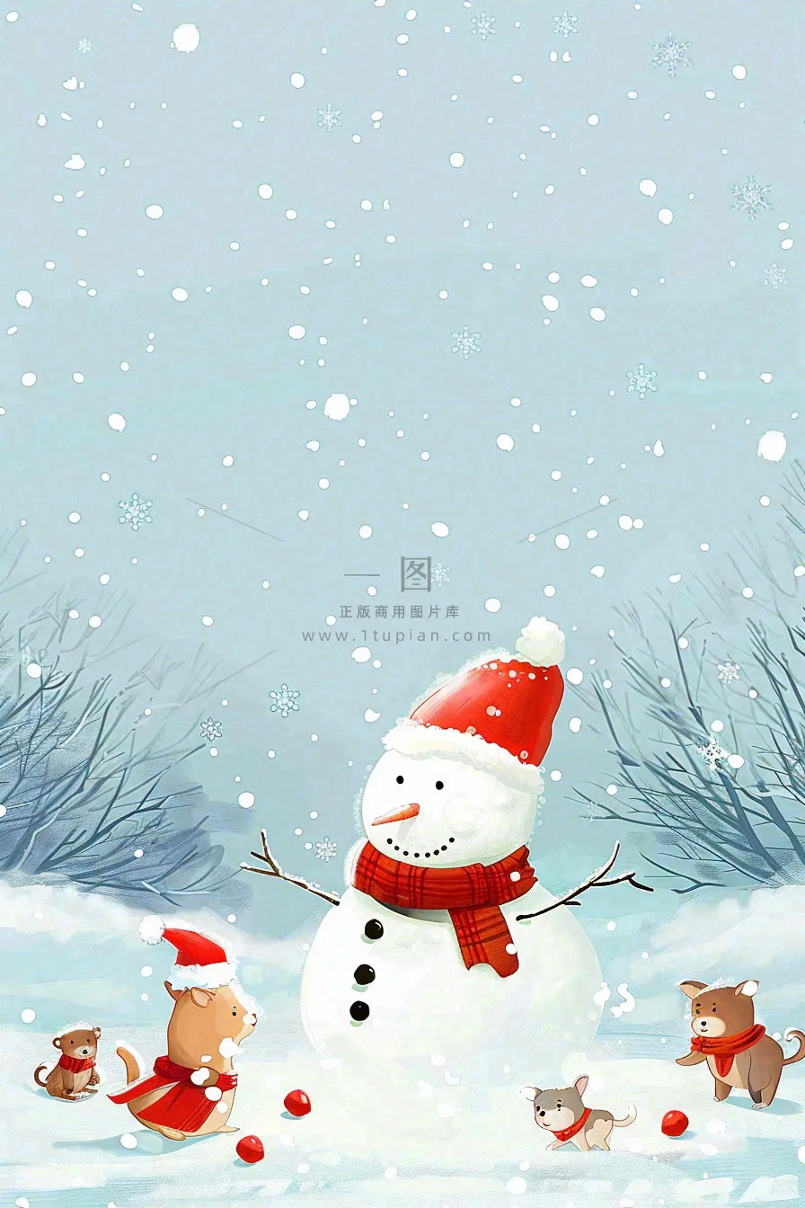 冬天雪地堆雪人动物白雪下雪立冬小雪大雪冬至卡通插画背景