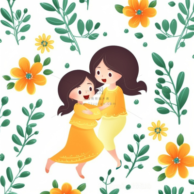 母亲节妈妈拥抱着孩子花海手绘插画素材海报背景