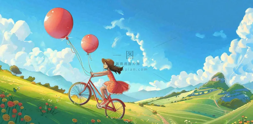 春夏踏青女孩骑自行车草原蓝天白云气球自由春分惊蛰卡通插画背景