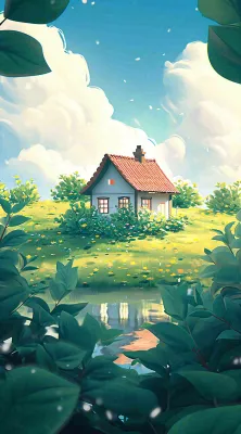 蓝天草坪上小屋房子在河流旁，河面倒影