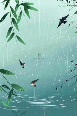 春天大雨磅礴绿叶植物燕子雨滴敲打水面雨水谷雨卡通插画背景 春天大雨磅礴绿叶植物燕子雨滴敲打水面雨水谷雨卡通插画背景