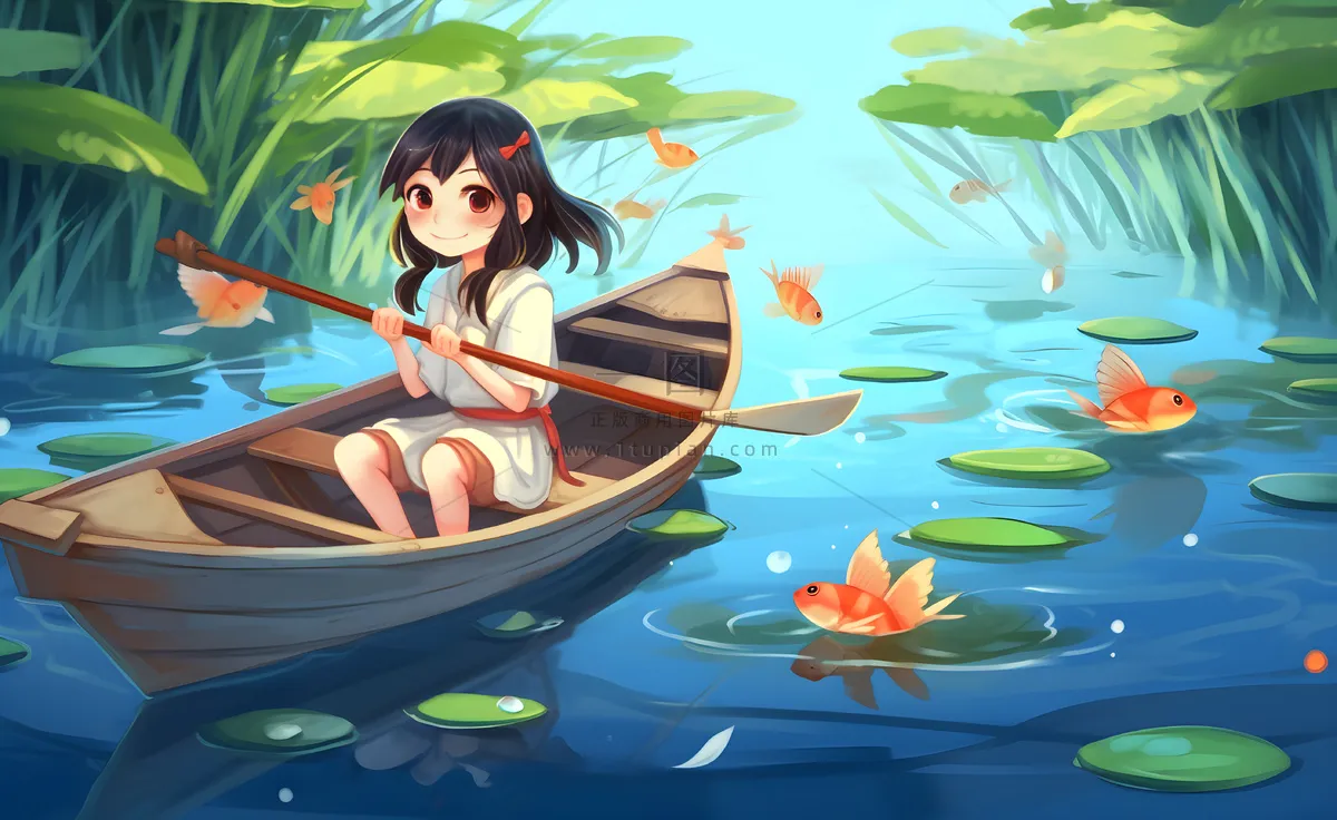 在湖中划船的女孩睡莲绿叶插画海报背景