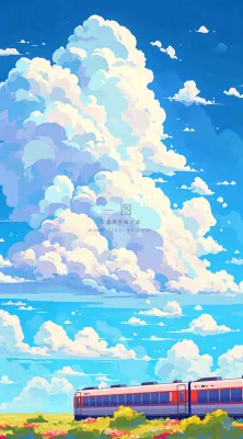 蓝天白云交通高铁铁路火车,草坪鲜花彩色插画 蓝天白云交通高铁铁路火车,草坪鲜花彩色插画