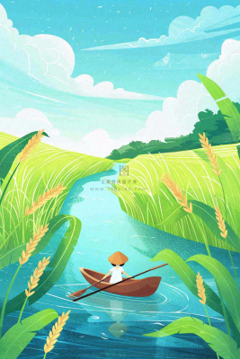 春天小麦田里的河流女孩坐船小麦麦穗小满芒种惊蛰卡通插画背景