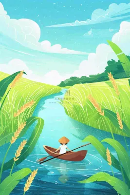 春天小麦田里的河流女孩坐船小麦麦穗小满芒种惊蛰卡通插画背景
