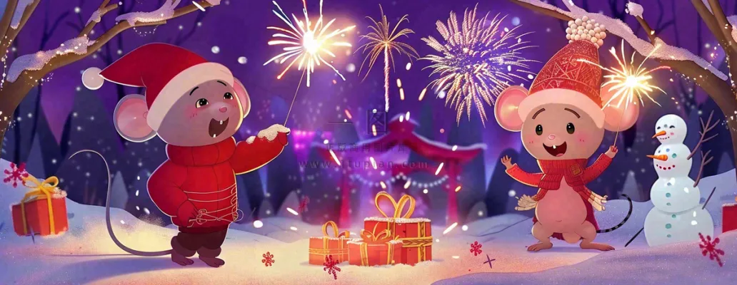 鼠年新年雪地放烟花的老鼠新年春节氛围热闹卡通插画背景