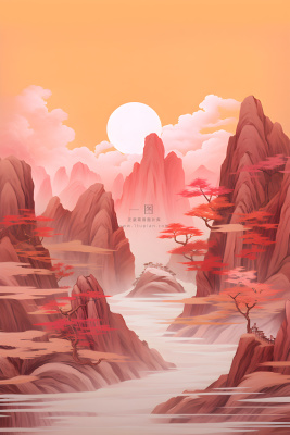 红色简约月光山脉背景 红色简约月光山脉背景