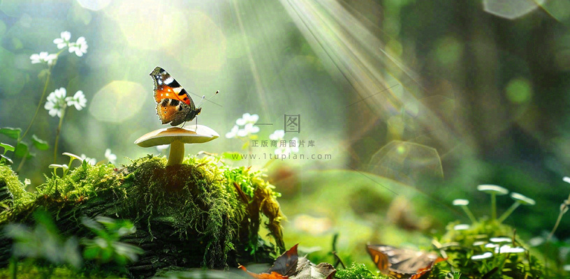 阳光斑驳下的蝴蝶苔藓蘑菇春天森林春分惊蛰摄影图 阳光斑驳下的蝴蝶苔藓蘑菇春天森林春分惊蛰摄影图